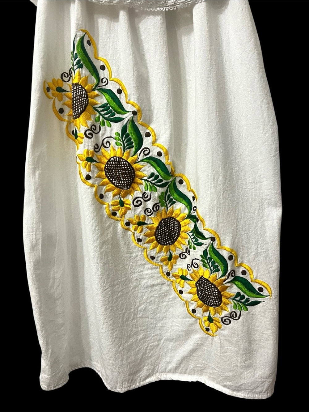 Mexican White Sunflower Embroidered Off Shoulder Dress Cottage Festive Peasant - Picture 4 of 8